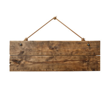 Rustic wooden sign hanging by rope weathered texture evokes vintage charm perfect blank canvas on transparent background