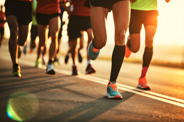 Marathon runners compete during a race, legs pumping with energy along an asphalt road, bathed in the warm golden light of sunrise.