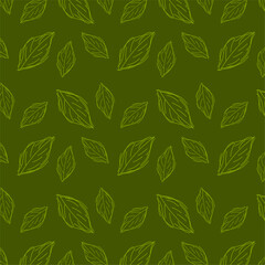 Fototapeta premium A seamless vector pattern featuring hand-drawn green leaves in minimal line art style. Ideal for eco-friendly branding, organic product packaging, nature backgrounds, and textile design.
