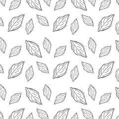 Fototapeta premium A seamless vector pattern featuring hand-drawn leaves in minimal line art style. Ideal for eco-friendly branding, organic product packaging, nature backgrounds, and textile design.