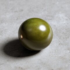 A single, glossy olive green sphere rests on a neutral gray surface.  Subtle shadows enhance its smooth texture.