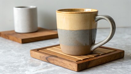 Two-Tone Ceramic Mug on Wooden Coaster,cup, coffee, drink, tea, white, mug, saucer, beverage, 
