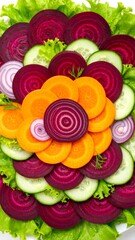 Colorful vegetable slices arranged in a decorative pattern