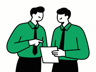 Two coworkers standing and discussing over a document, black outline and solid green color,white background