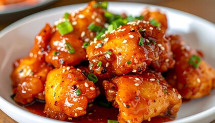 Delicious plate of crispy sweet and sour chicken garnished with sesame seeds and green onions