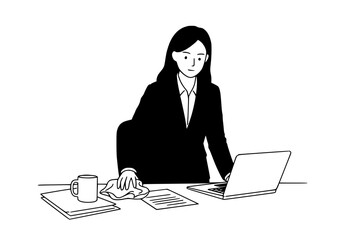 Office worker cleaning desk before starting work, black outline and solid brown fill,white background
