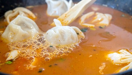 Steaming Dumplings Cooking in Flavorful Broth in a Pan with Bubbles and Fresh Ingredients