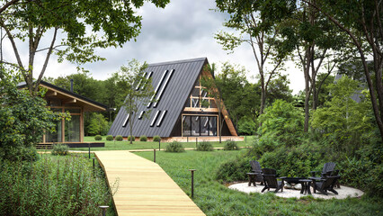 Fototapeta premium Contemporary minimalist black wooden cabin with a gable roof located in a pine forest. Scandinavian architecture design, peaceful retreat in nature.