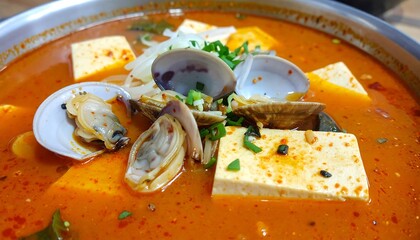 Delicious seafood soup with clams, tofu, and fresh herbs in a vibrant broth