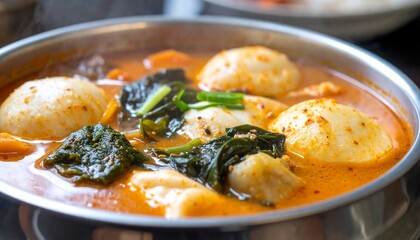Delicious spicy soup with soft boiled dumplings and fresh greens in a silver bowl on dark background
