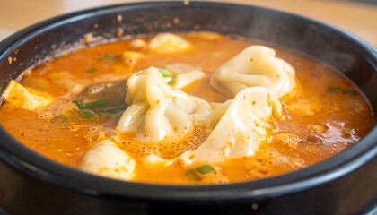 Warm and Delicious Bowl of Spicy Soup with Dumplings and Tofu in a Black Bowl