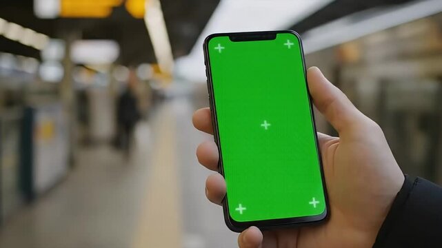 Hand Holding Smartphone with Green Screen Mockup at Subway Platform, Mobile Device Screen Replacement Template for Urban Commute