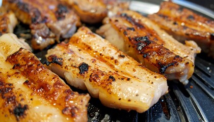 Grilled Pork Belly Strips on Charcoal Grill with Golden Brown Fats and Crisp Edges Ready to Serve