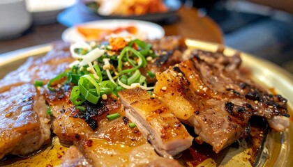Grilled Meat with Green Onions on a Gold Plate Surrounded by Side Dishes in a Restaurant Setting