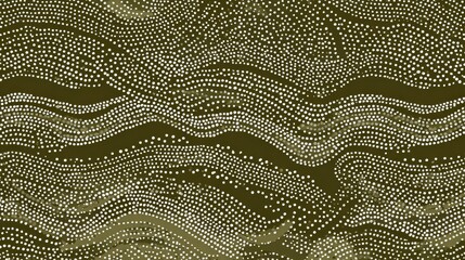 Aboriginal dot painting with olive, brown and white flowing lines forming wave and leaf patterns, symbolizing Australian outback nature, ideal for textile, wallpaper, fabric and decor use.