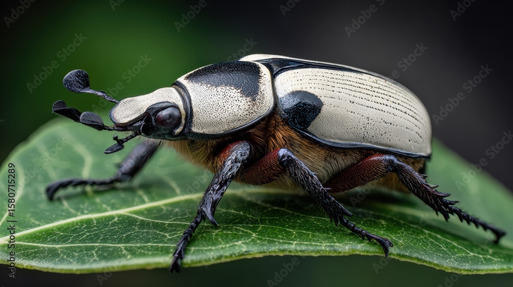 Poster goliath beetle resting on a green leaf showing intricate details in macro view during daylight