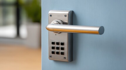 Door entry for smart offices, A modern silver door handle with an integrated numeric keypad lock on a light blue door.