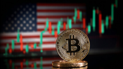 bitcoin trading chart with big big green candle grow to the sky in front of USA flag