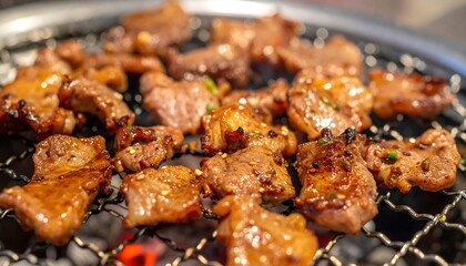 Delicious grilled beef slices on a sizzling BBQ grill topped with aromatic herbs and spices