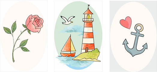 Obraz premium Set of sea and romantic vector illustrations - lighthouse, anchor, rose, sailboat and heart