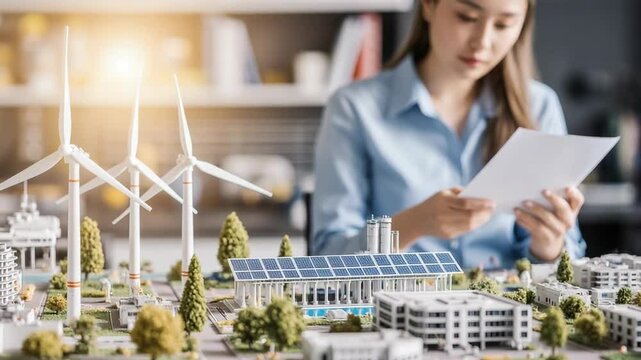 Woman reviews renewable energy project model with wind turbines - Powered by Adobe