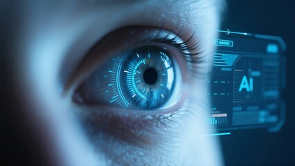 close-up of a human eye with high-tech iris scan overlay