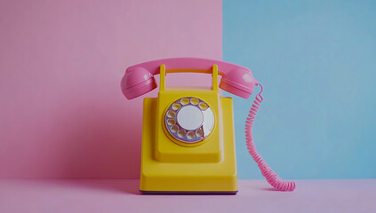 An image of a vintage yellow and pink rotary telephone set against a soft pastel background, with nostalgic and retro design elements.