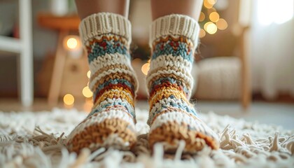 Cozy Hand-Knitted Colorful Socks Worn on Soft Rug with Blurred Background of Warm Holiday Lights