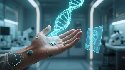 Open human hand with glowing DNA