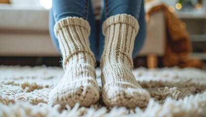Cozy Knit Socks on a Warm Rug Near a Soft Couch in a Stylish Living Room Ambiance Decor