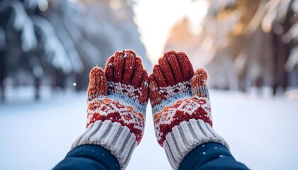Warm mittens in snowy landscape with sun shining through trees in winter wonderland scene