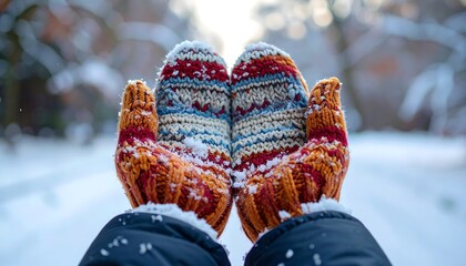 Cozy Mittens in Snowy Landscape with Soft Snowflakes Falling Around Hands Holding Them