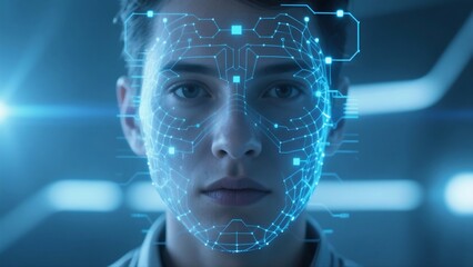 A high-tech AI facial recognition interface scanning a human face