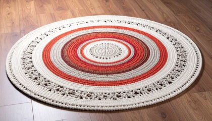 Elegant Round Area Rug with Vibrant Red and Orange Circular Pattern on Wooden Floor Surface