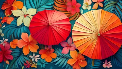 Obraz premium tropical pattern background concept for summer sale flyers concept colorful flowers and red umbrella arranged in a vibrant pattern