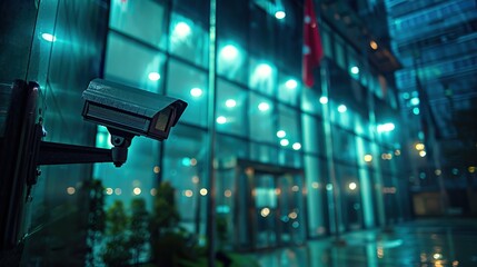 Security cameras stand guard outside a modern building on a foggy, illuminated night. The scene conveys a strong sense of surveillance, safety, and government authority