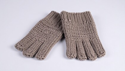 Warm Knitted Gloves in Beige Color for Winter Fashion and Outdoor Activities on Plain Background