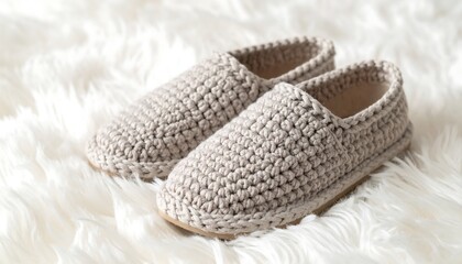 Cozy handmade knitted slippers for indoor comfort and warmth displayed on soft white fluffy fabric