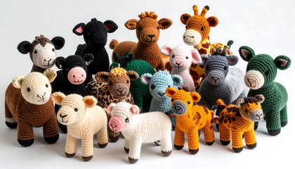 Adorable Hand-Crocheted Animal Figures Including Cows, Sheep, Giraffes, and More in Various Colors