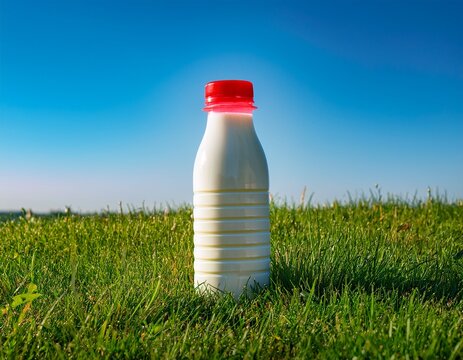 colorful plastic bottle of milk with a bright red cap on a green grassy field against a clear blue sky - Powered by Adobe