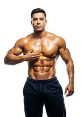 Fototapeta premium Ultra muscular man applying oil to his chest with a confident expression. Photorealistic image on a pure white background, highlighting muscle definition and skin shine. Studio lighting, full-body 