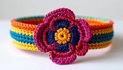 Colorful Handcrafted Crochet Headband with Floral Design and Bright Stripes for Fashion Accessory Lovers