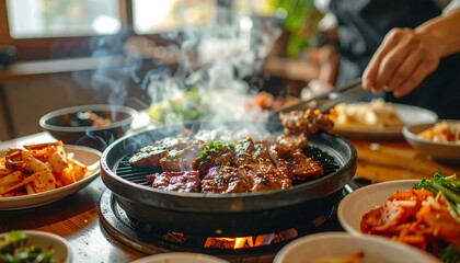 Delicious Korean BBQ Cooking Experience with Grilled Meats and Vibrant Side Dishes on a Table