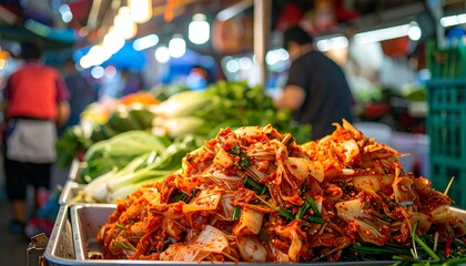 Colorful Street Market Display of Fresh Vegetables and Spicy Kimchi in Vibrant Night Setting