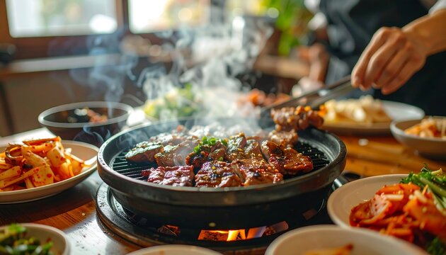 Delicious Korean BBQ Cooking Experience with Grilled Meats and Vibrant Side Dishes on a Table