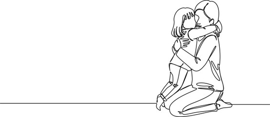 continuous single line drawing of mother kneeling on floor hugging her young daughter, line art vector illustration