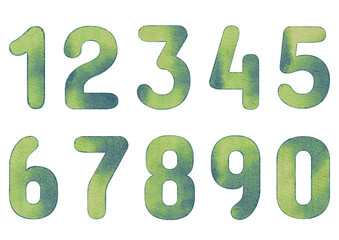 Green watercolor numbers isolated on white background.
Set of hand-drawn watercolor numbers.