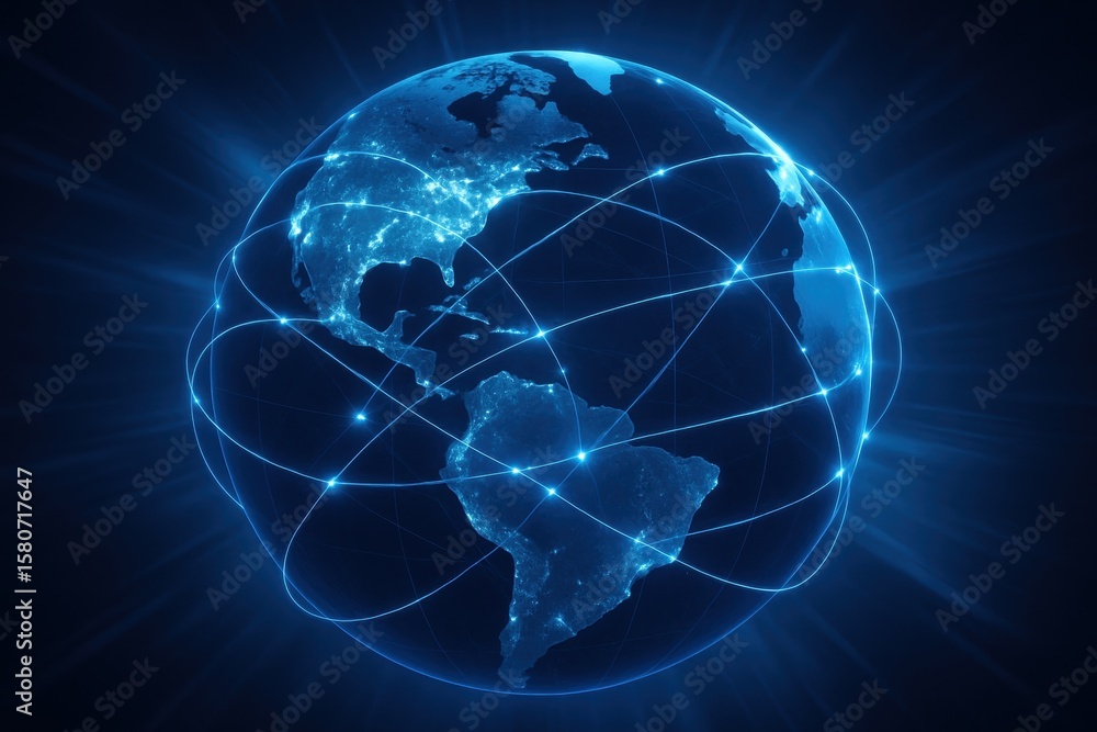 Poster global connectivity: a glowing globe, encircled by a network of interconnected lines, illustrating w