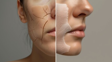 Split-screen ultra-realistic photograph showing scar healing progress, left side shows untreated scar, right side shows same area with silicone scar tape applied, medical documentation style