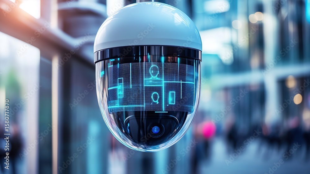 Poster a modern security camera with digital interface overlays, capturing surveillance data in an urban en
